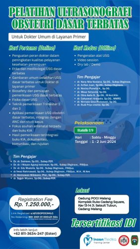 Flayer Pelatihan Ultrasonografi Obstetri Dasar Terbatas 1 - 2 Juni 2024